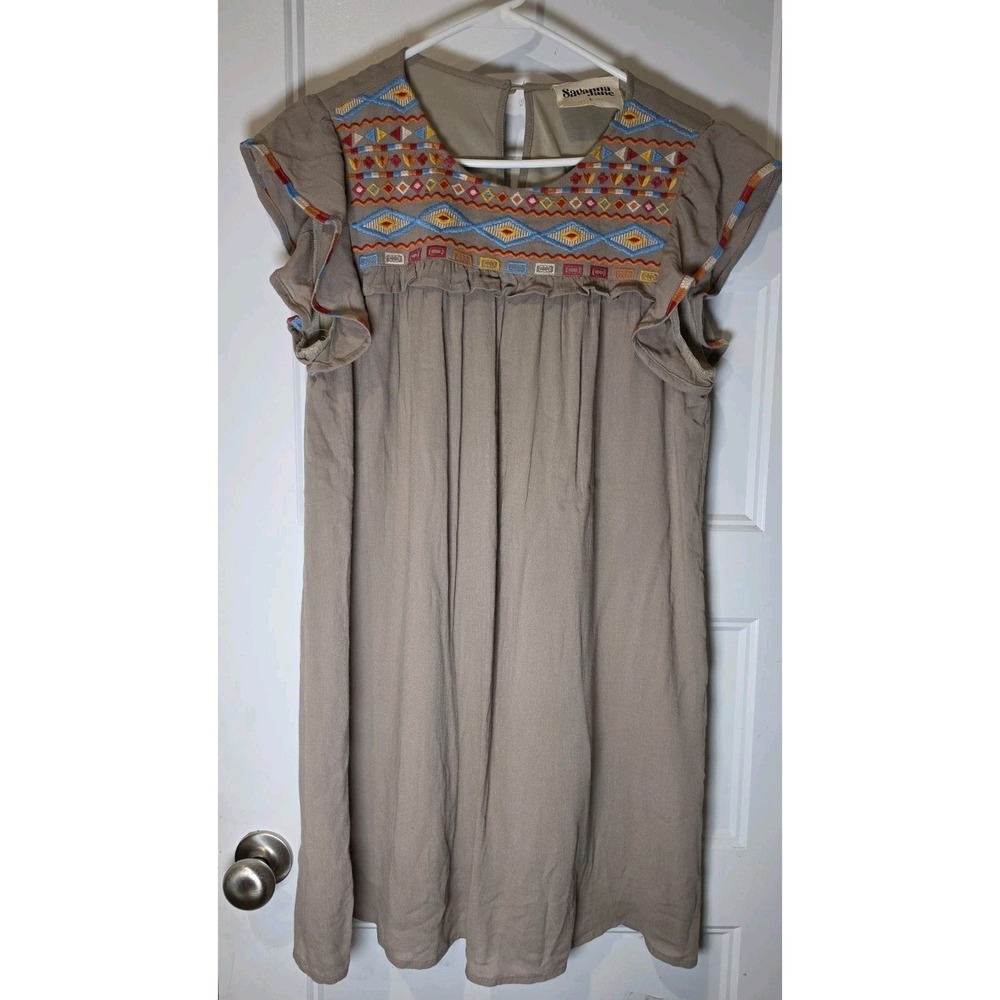 Savanna Jane Womens Tan Beige Embroidered A-Line Boho Dress L Short Sleeve Lined